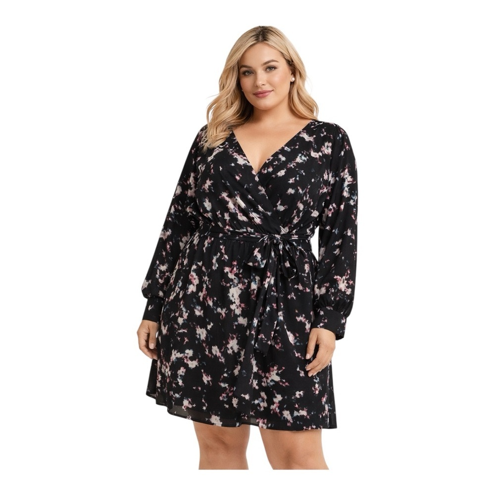 Rebel Wilson x Angels Confetti Blur Faux Wrap Dress 2X NWT Black Floral Chiffon